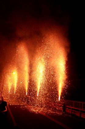 真岡の夏祭り　宮入り　手筒花火の様子